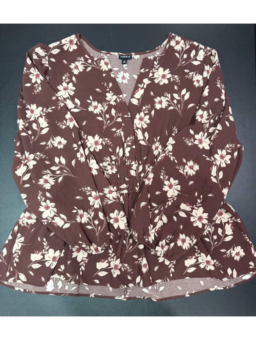 Torrid Brown and Cream Floral Peplum Blouse Size 2
